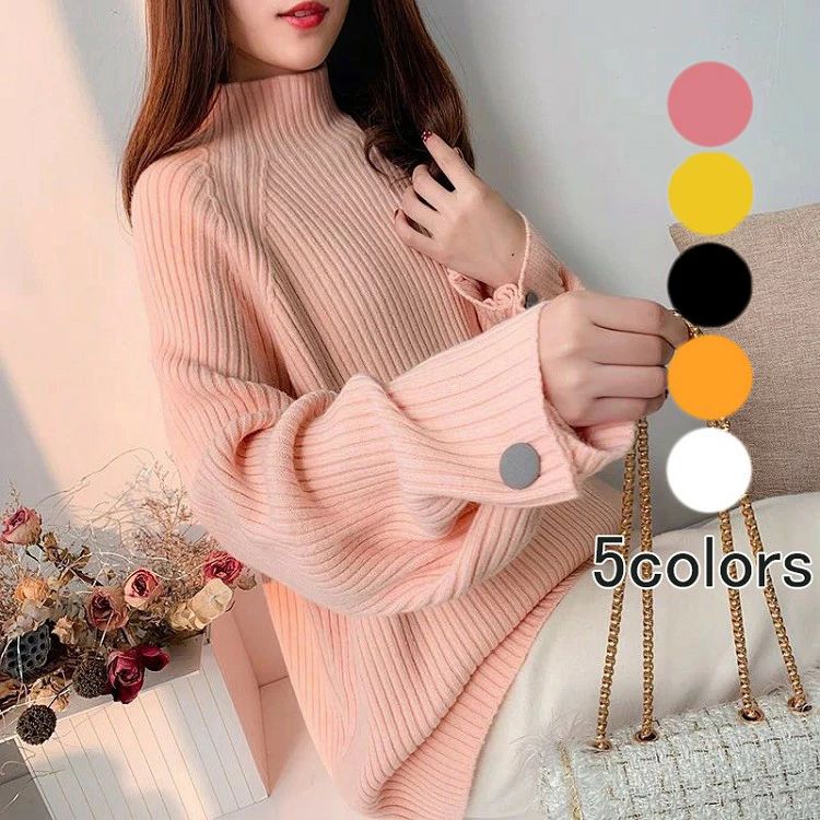 Three-Quarter Knit - 重ね着 カジュアル 体型カバー あんず色 橘色 黒い 桃色 スウィート 防寒 可愛い プルオーバー 厚手 おしゃれ シンプル 大きいサ