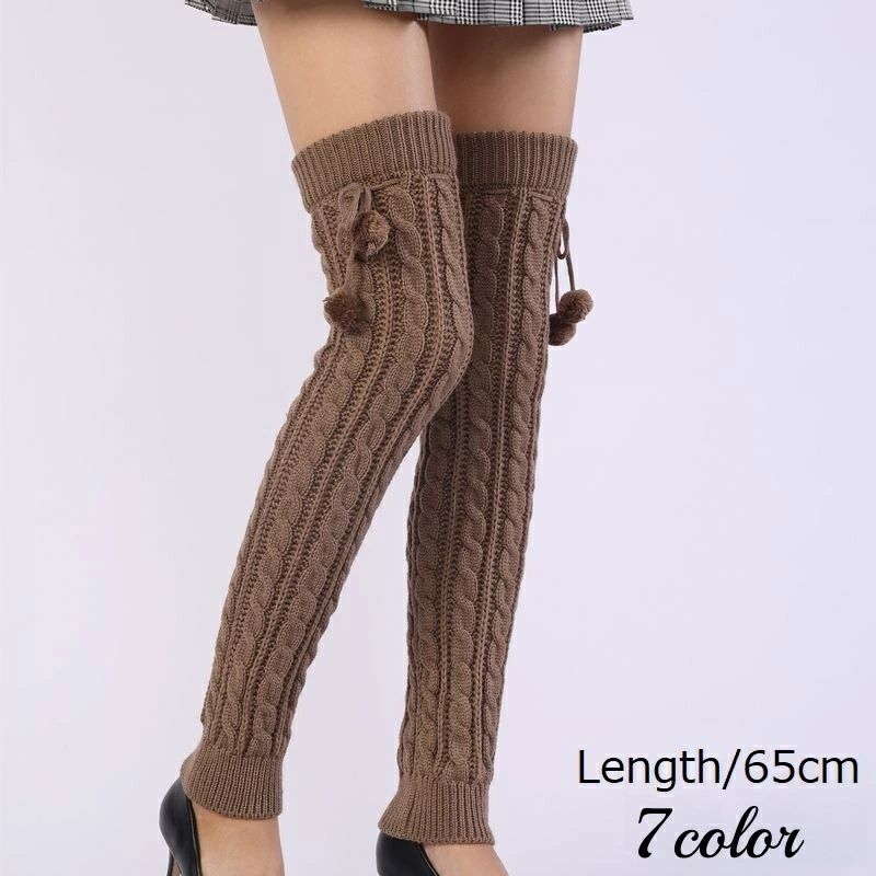 贈り物 ギフト 女性 おしゃれ 可愛い かわいい ポンポン付き リボン 太もも丈 ルーズ くしゅくしゅ リブ ケーブル編み ぽかぽか