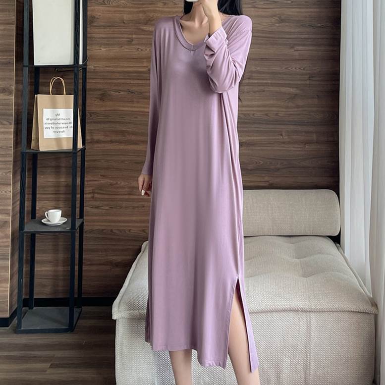 乐天商城 - ワンピース Vネック 長袖 ロングシャツワンピ レディース 春 夏 秋 ロングワンピース スリット入り ルームウェア 部屋着 送料無