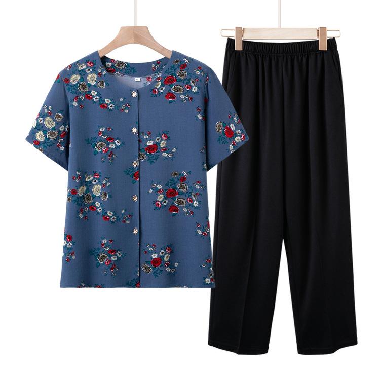 トップス シニア ミセス レディース 春夏 シャツ Tシャツ 上下セット ゆったり 体型カバー 花柄プリント ポリエステル素材 普段