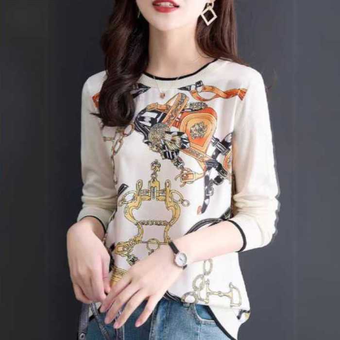 樂天商城 - 秋服 夏服 春服 冬 秋 春 50代 40代 30代 20代 オフィスカジュアル スカーフ柄のニットシャツ M/L/XL/2XL レディース トップス