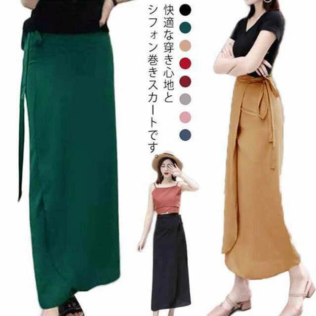 Rakuten - ミモレ丈 スカート ロングスカート リボン 2WAY、ワンピースに変身可能！巻きスカート 無地 ビーチグッズ レディース シフォン