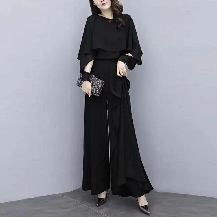 パンツドレス 夏 春 きれいめ おしゃれ カジュアル お呼ばれ パーティー 体型カバー 袖デザイン ワイドパンツ ウエストゴム クル