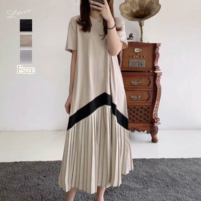 Other - かわい 大きサイズ フレアワンピース ロングワンピース Aライン 切り替え 春夏 フレア 半袖 ロング レディース ダックワンピース