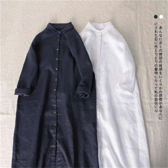 ロング 体型カバー レディース ワンピース シャツ バンドカラー コットン リネン 長袖 夏 秋 春 バンドカラー シャツワンピース