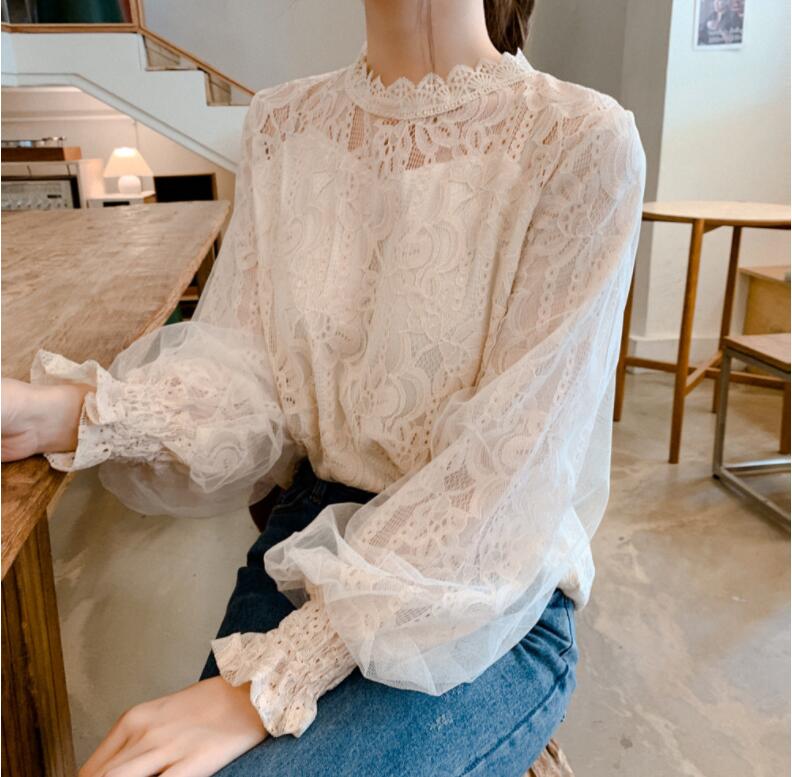 乐天商城 - 通勤服 通勤 オフィス 秋 春 ボリューム袖 トップス 長袖 大きいサイズ シースルーブラウス シャツ 総レースブラウス