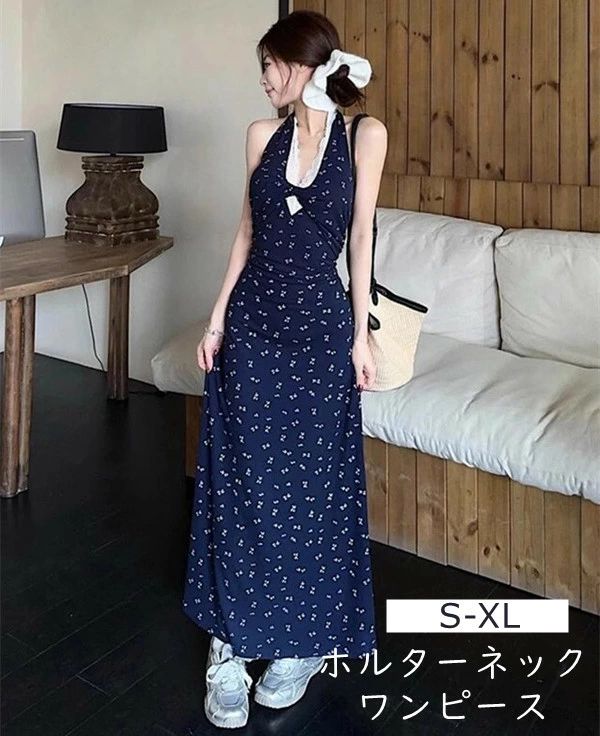 Rakuten - ホルターネックワンピース ノースリーブ 袖なし きれいめ 柔軟 快適 夏用 レディース ワンピース ドレス ゆったり シンプル 無地
