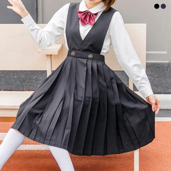 乐天商城 - ワンピース ロング丈 取り外し ノースリーブ ボタン付 スクールスカート チェック柄 プリーツスカート 制服スカート ハイウエス