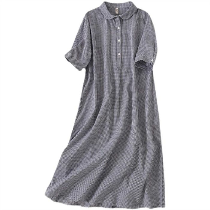 シャツワンピース 半袖 春夏 レディース ロングワンピース チェック ロング 大きいサイズ 綿混 マキシワンピース ゆったり 30代 2