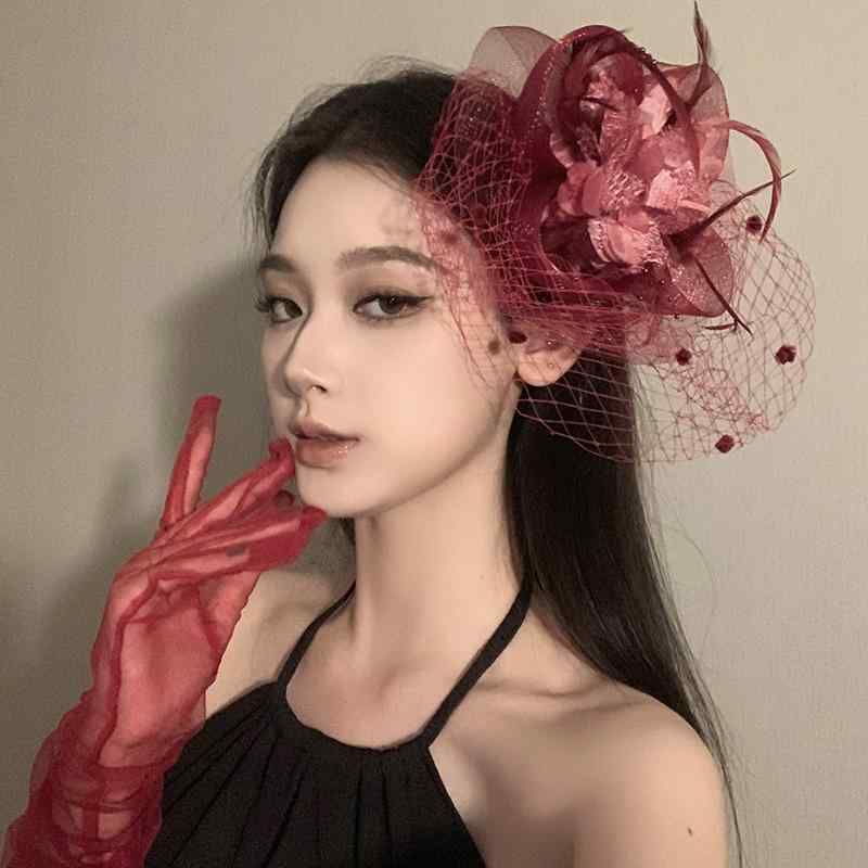 ベール レトロ ハット メッシュ 水玉 バンド ブライダル フェザー フラワー ドレス ヘッド ハロウィン ..