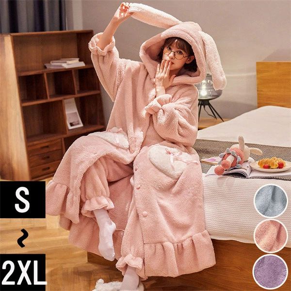 XL L M S フード付き あったか 暖かい プレゼント 部屋着 モコモコ 韓国 可愛い 裏起毛 前開き ふわふわ 寝巻き もこもこ 着