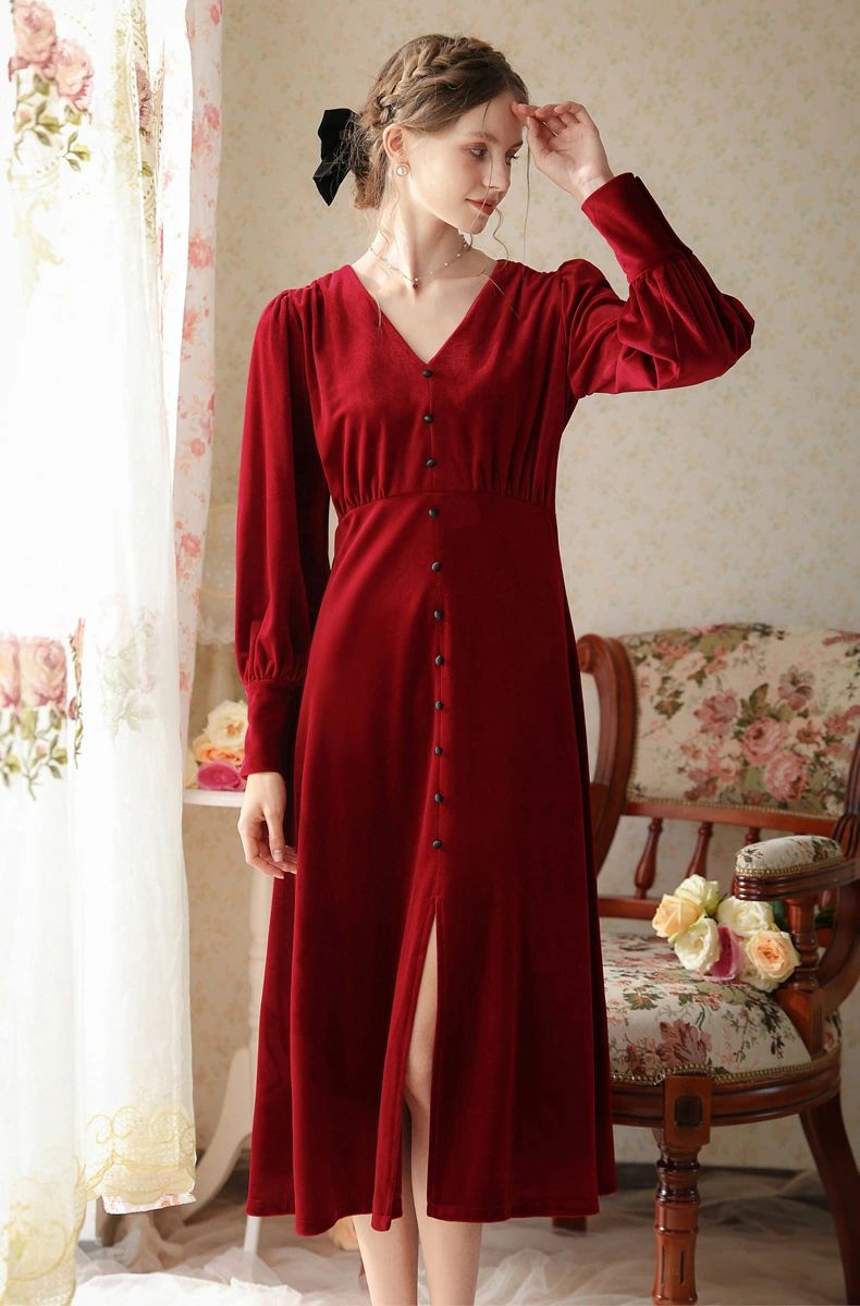 女性 大人用 お嬢様 エレガント ワインレッド 秋冬 お姫様 宮廷風 ナイトドレス 秋冬 フランス風 ホームウェア 厚手 セクシー ス