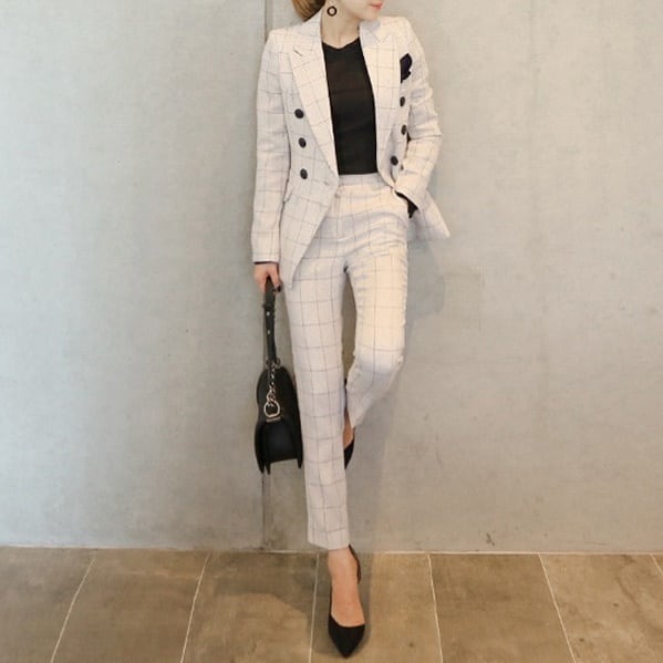 韓国 ビッグシルエット レトロ Vネック 襟付き ストレート セミフレア ハイウエスト チェック柄 アンクル丈 ロング 長袖 ダブル