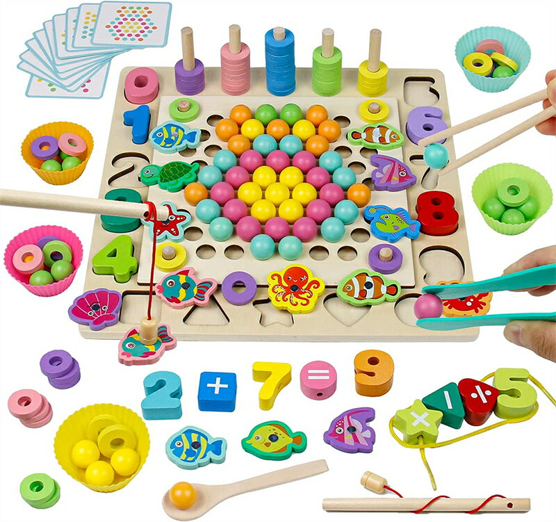 【知育玩具セット】お子様が遊びながら想像力をつけ、目と手の調整や色と形の認識などを訓練できるモンテッソーリおもちゃセットです！カラフルな数字ブロック、図形ブロックが合計15個あり、子どもは遊んでいる時自然に形や色や数字や算数などを認識できるようになります。 【紐通し遊び】おもちゃはひもを一本ついており、数字と図形ブロックにあながあけられ、糸を通しおもちゃとしてもいいです。また、釣竿に磁石がついており、魚やかめなどに設計された形のマグネットピースと組み合わせて魚釣りゲームができます。さらに図形ブロックの表面には算数記号が書いてあり、数字ブロックと組み合わせて簡単な足し算、引き算、掛け算、割り算を習うことができます。 【ボールキャッチ遊び】おもちゃに穴開きのプレートが付いており、カラフルなボールをトングで挟んだり、小皿に分けたりすることができます。さらにスプーンやお箸で難易度を変えることでお子様の手と目の協調性を養うこともできます。 【素材厳選の積み木】このモンテッソーリおもちゃが丈夫で長持ちな天然木材を採用し、お子様が投げたり落としたりしても大丈夫です。おもちゃ全体の角を丸く加工し、バリなく、表面が滑らかで子どもの肌に優しいです。 【最適なプレゼント】たくさんのパーツが含まれており、様々な遊び方ができるモンテッソーリ　おもちゃです。男の子はもちろん、女の子も遊びながら、学ぶことも可能です。クリスマス、入園祝い、こともの日、誕生日プレゼントにランキングし、おすすめです。