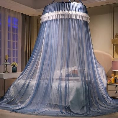 天蓋蚊帳 天蓋カーテン 円形蚊帳 直径110×高さ280cm 吊り下げ 三開け お姫様 防虫 防蚊 イルミネーション ライト別売り (ブルー)