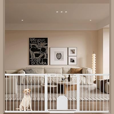 ベビーゲート ペットゲート ペットドア付き 猫 犬 ゲート 高さ76cm ベビーフェンス 突っ張り式 ダブルロック 自動閉鎖 両開き扉 赤ちゃんゲート ベビーガード 玄関 階段 拡張フレーム付き(ホワイト、取付幅208-215cm)