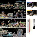 スクラッチアート スクラッチペンセット付け8枚セット スクラッチペーパー A4サイズ 削るだけで美しいアート ヒーリング 心やすらぐ アートセラピー スクラッチアートペン付き 手作り プレゼント 部屋飾り 夜の花火 都市と建築 人と桜 動物 (都市と