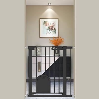 ベビーゲート ペットドア付き 猫 犬 ゲート 高さ76cm ベビーフェンス 突っ張り式 ダブルロック 自動閉鎖 両開き扉 赤ちゃんゲート ベビーガード 玄関 階段 拡張フレーム付き 取付幅68-75CM ブラック