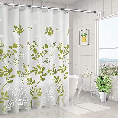120*180cm シャワーカーテン 間仕切り カーテン バスルーム 防水防カビ加工 お風呂用カーテン 目隠し バス用品 ユニットバス 浴室 撥水速乾 リング付き 取付簡単 洗面所 お風呂場適用 (葉っぱと蝶)