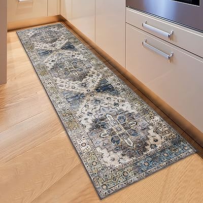 キッチンマット 240 洗える 廊下カーペット ペルシャ絨毯風 台所マット おしゃれ 60x240CM 花柄 ラグ カーペット 滑り止め ブルー 撥水効果 防ダニ 防臭 床暖房対応