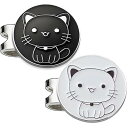 ゴルフマーカー 台座セットロゴボールマーク かわいい猫と 黒 白 デザイー 2個入り (黒と白・2個)