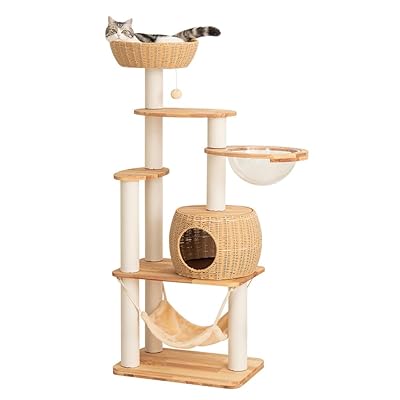 キャットタワー 木製 【天然木使用】 大型 据え置き 大型猫 シニア猫 成猫 子猫 高さ144cm おしゃれ 滑り止めマット付き ラバーウッド 手編みカゴ インテリア性 ラタン風 多頭飼い 猫ハウス 広々 スリム 夏冬兼用 見晴台付き 猫タワー 宇宙
