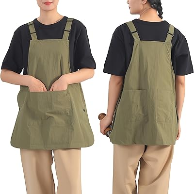 エプロン かぶるだけ メンズ レディース ワンピース型 サイドボタン H型 お尻が隠れる 撥水 速乾 汚れにくい 調節可能 大容量ポケット付き おしゃれ シンプル 無地 ワークエプロン カフェ キッチン 料理用 作業用 業務用 (アーミーグリーン)