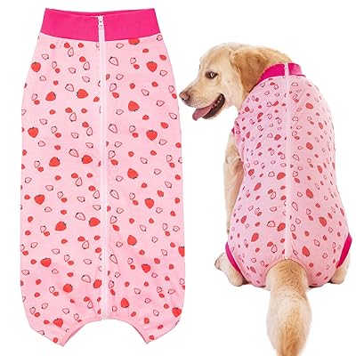 PET 大型犬 中型犬 術後服 メス オス 犬 手術後 服 犬用術後ウェア 介護服 ペット服 エリザベスカラー 避妊 離乳 傷口保護（（イチゴ柄）ロースレッド 6L）(4)
