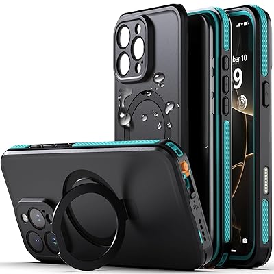 【IP68防水・隠し収納式スタンド】iPhone 16 Pro Max 用 ケース 防水 衝撃吸収 米軍MIL規格 水中撮影対応 Magsafe対応 顔認証対応 全面保護 完全防水 防雪 防塵 滑り止め 手持ちやすい 頑丈 耐衝撃ストラップ付き 雨の