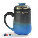 セラミック 猫 ティーインフューザー マグカップ 蓋付き 460ml 青から黒へのグラデーション 大日本茶碗セット 茶拡散カップ ガラス トールポット かわいい...