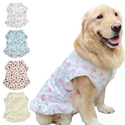 犬服 tシャツ ドッグウェア 犬用ワンピース 可愛い服 春 夏 中型犬 大型犬 おしゃれ 涼感素材 薄手 通気 日焼け防止 脱毛保護 散歩・外出に最適（ピンク・花柄 LL）