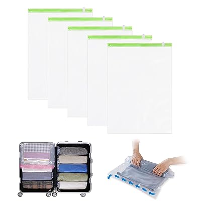 圧縮袋 旅行 衣類圧縮袋 50*70cm（5枚）約80％圧縮 真空あっしゅく袋 洋服 ダウン アウター 布団 掃除機不要 手巻き 防カビ 防虫 衣替え 収納 トラベル 出張 引っ越し 家庭用 再利用可能 旅行便利グッズ 大きめサイズ グリーン