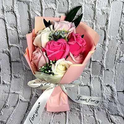 ソープフラワー 造花 花束 ギフト シャボンフラワ せっけん素材で作られたお花 ほのかな香り バラ7本 (ピンク)