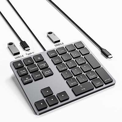 テンキー 有線 薄型 34キー mac テンキーボード Tabキー付き テンキーパンタグラフType-C ミニキーボード ハブ 2つのUSB 3.0ポートと1つのUSB Cポートを装備 mac テンキー 片手デバイス 外部 PC/Laptop/Win