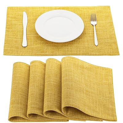 ランチョンマット布製 綿麻 マット 二層生地縫製 無地 和風 柔軟性 断熱 滑り止め お手入れ簡単 丸洗い キッチン 家庭用 レストラン用 4枚セット(イエロー)