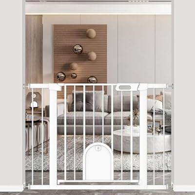 ベビーゲート ペットドア付き 猫 犬 ゲート 高さ76cm ベビーフェンス 突っ張り式 ダブルロック 自動閉鎖 両開き扉 赤ちゃんゲート ベビーガード 玄関 階段 拡張フレーム付き 取付幅103-110CM ホワイト