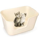 猫用トイレ 大型 大容量 深め 飛び散らない 猫用 トイレ 本体 大きい猫 多匹飼い 大きいトイレ 飛び散り防止 簡単掃除(62×42.5×32.5cm ベージュ)