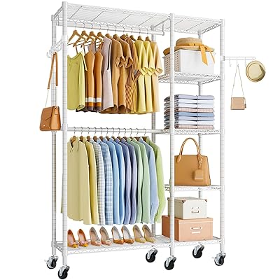 ハンガーラック 頑丈 大容量 洋服ラック 耐荷重260kg ワードローブ 2段 クローゼット 洋服掛け 省スペース&キャスター付き おしゃれ 高さ調節可能 防サビ加工 衣類収納 組み立て簡単 家庭用 ワードローブ (ホワイト, 幅97×奥行40×高さ
