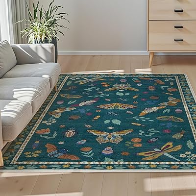 カーペット 洗える 185х185cm 薄手 ラグ 2畳 モダン モダン ふわふわ 滑り止め 防音 抗菌防臭 室内用 正方形 ラグマット オールシーズン適用 花 蝶 トンボ 昆虫 動物柄 ダークグリーン