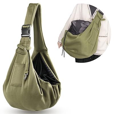 ペットスリング 犬猫兼用 抱っこ紐 肩ひも調節可能 小型 ねこ いぬ キャリーバッグ 飛び出し防止 ストラップ付 安全ロープ付き ポケット付き お出かけ抱っこ(アーミーグリーン)