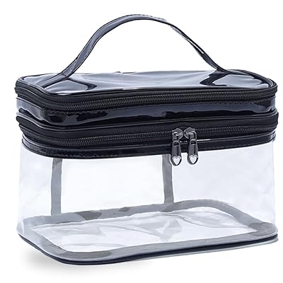 透明ガーリーメイクアップバッグ シンプル 防水 見える 美容 デスクトップ メイクアップバッグ 旅行 収納バッグ 透明な虹色のトイレタリーバッグ、トップハンドル付き、二重層トラベルバッグ (レーザーブラック)