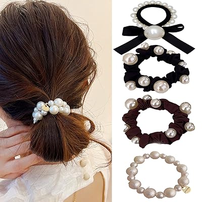シュシュ シフォン シュシュ おしゃれ 大人 ヘアロープ 大きめ 無地 ヘアゴム 大人 髪飾り 特大 ヘアアクセサリー エレガント サテン シンプル (パール4点セット)