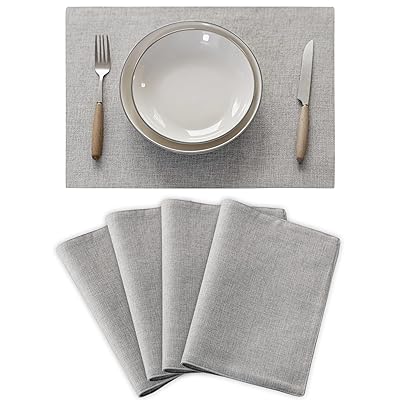 バーシブル ランチョンマット 布製 綿麻 おしゃれ 北欧 雑貨 ランチマット パーティー 高級 プレイスマット プレースマット 無地 テーブルウェア ギフト プレゼント 4枚セット、ライトグレー
