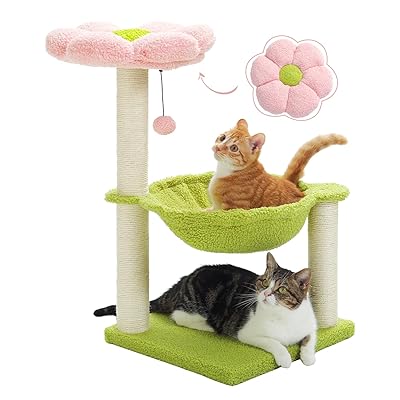 キャットタワー ミニ かわいい 低い 猫ハンモック 猫タワー 据え置き 猫爪研ぎ つめとぎポール 麻紐 小型 小さめ 花 花びら フラワー サボテン 猫ベッド コンパクト 人気 おしゃれ 組立簡単 おもちゃ - ピンク 高さ70cm