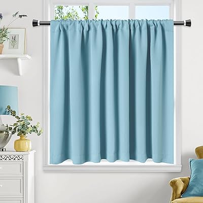 遮光 カフェカーテン 小窓用 70cm丈 遮熱 断熱 1級遮光 スカイブルー高密度布製 目隠し 無地 UVカット 防寒 保温 省エネ 洗える 間仕切り 厚手 キッチン 浴室 トレイ 子供部屋 廊下 1枚入