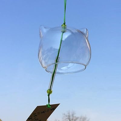 風鈴 ガラス風鈴 おしゃれ 和風デザイン 涼しい音色 ウィンドチャイム wind chime 金魚 クローバー アサガオ ネコ 短冊付き クリスマス プレゼント 贈り物 (ねこ 透明)