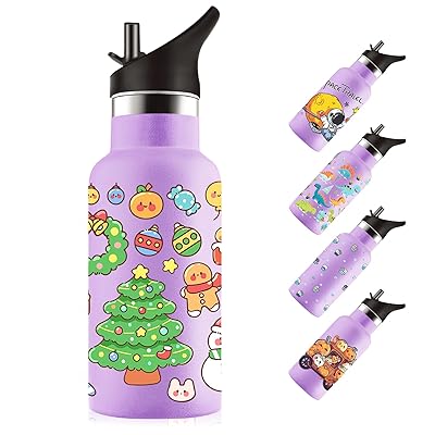 ストロー付き水筒 350ml 子供用 可愛いイラスト 二重構造 304ステンレス製 保温・保冷対応 漏れ防止 軽..