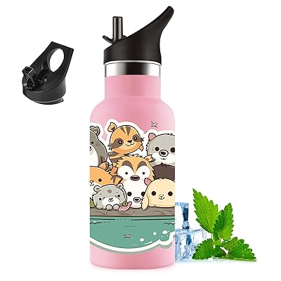 ストロー付き水筒 350ml 子供用 可愛いイラスト 二重構造 304ステンレス製 保温・保冷対応 漏れ防止 軽..