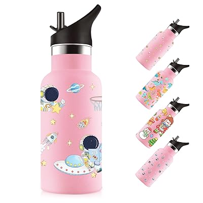 ストロー付き水筒 350ml 子供用 可愛いイラスト 二重構造 304ステンレス製 保温・保冷対応 漏れ防止 軽..