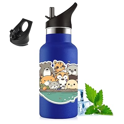 ストロー付き水筒 350ml 子供用 可愛いイラスト 二重構造 304ステンレス製 保温・保冷対応 漏れ防止 軽..